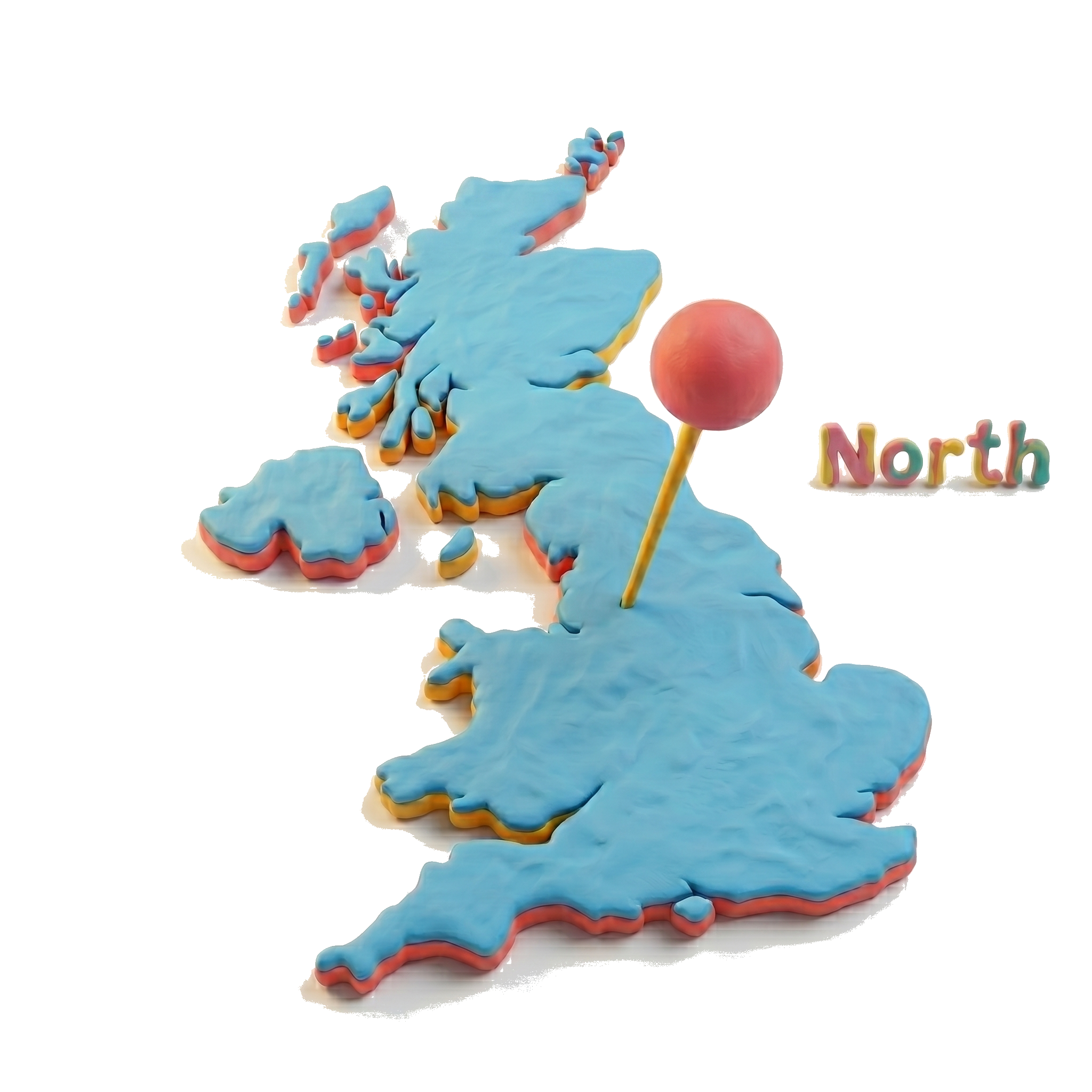 Clay map of the UK with pin on Manchester